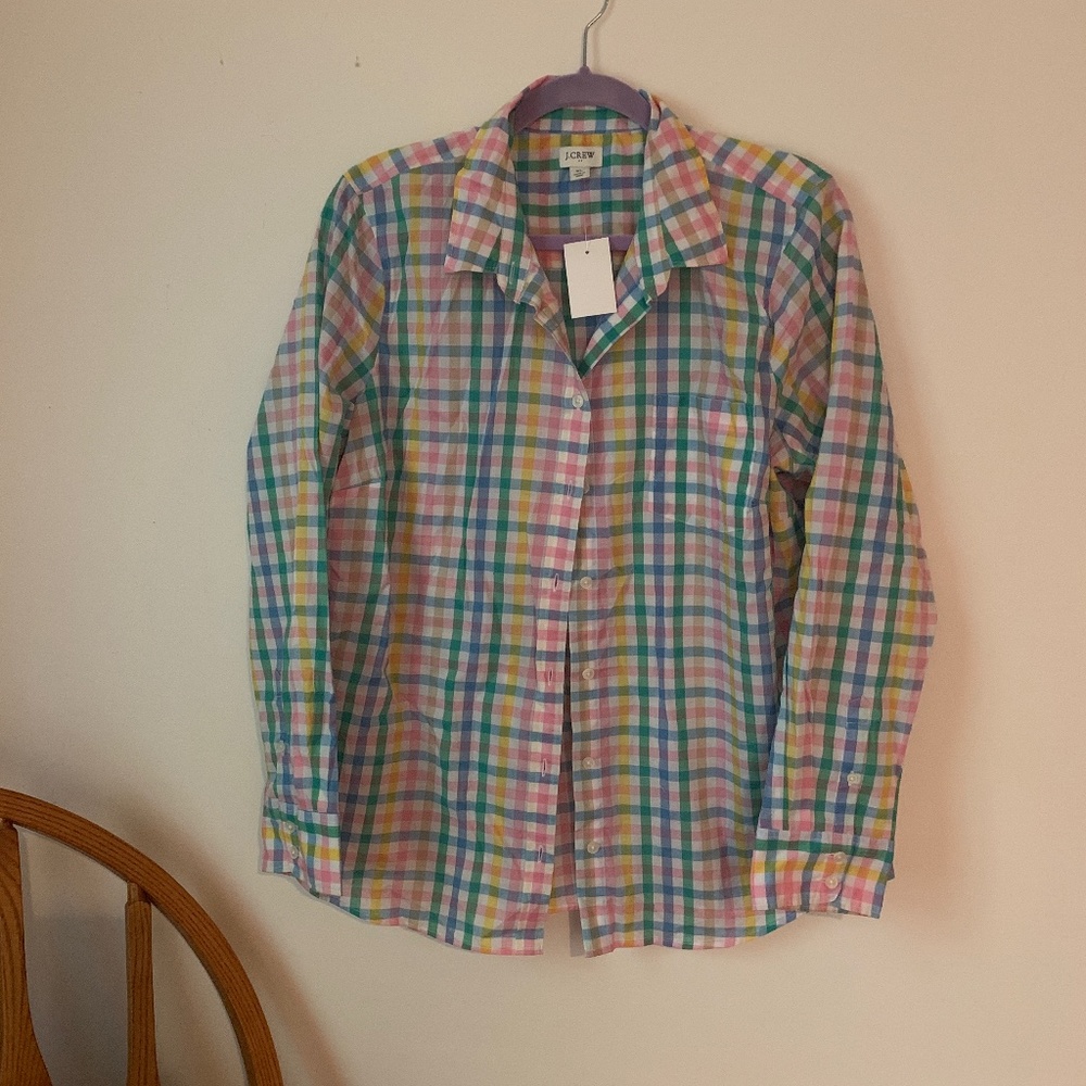 J CREW BUTTON DOWN PLAID BLOUSE XL